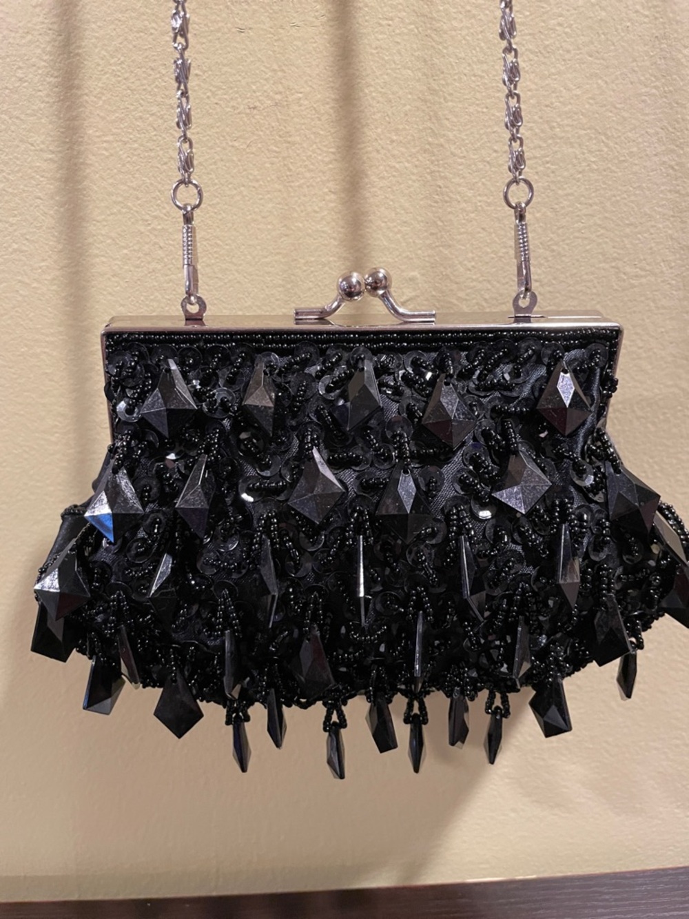 Kiss Lock Black Beaded Evening Clutch or Crossbody